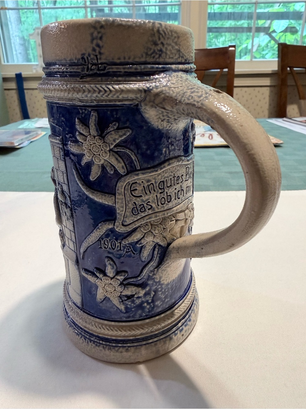 German Blue and Cream Ceramic Beer Stein